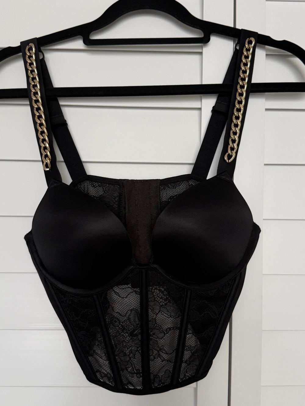 Victoria's Secret Black Lace Longline Bustier with Gold Chain Straps